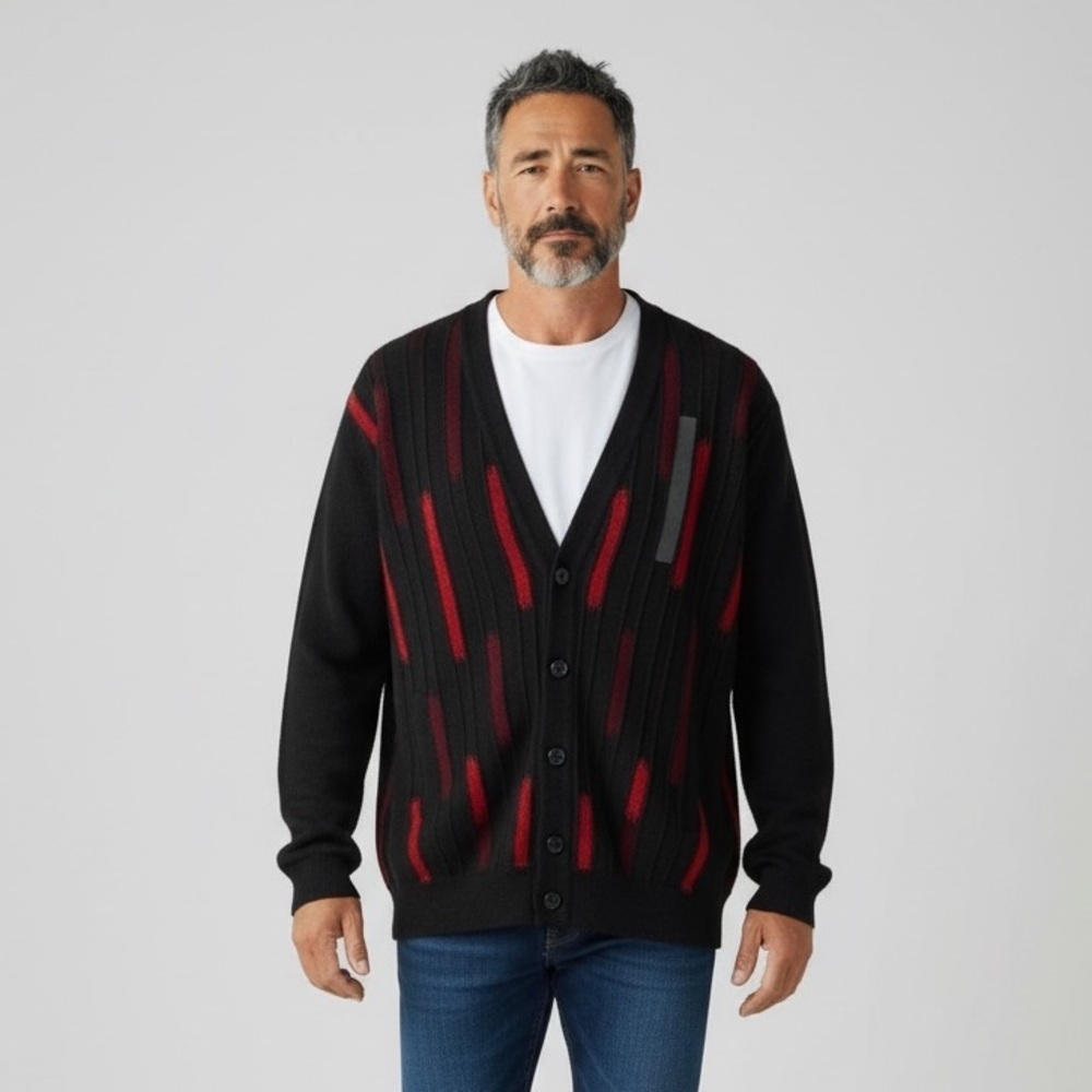 Vintage Cooper Mens Sweater w Pockets Black, Gray and Red Mint Condition